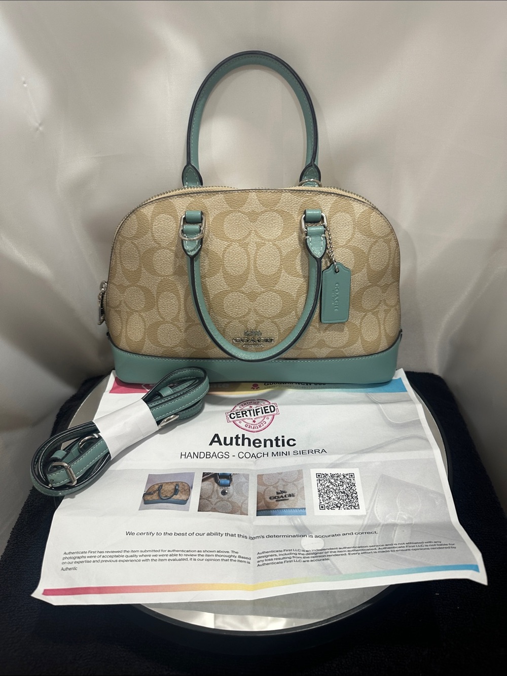Coach Mini Sierra Satchel in Khaki with Seafoam Trim With COA